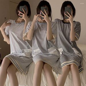 Kvinnors sömnkläder 2023 Summer Short Sleeve Casual Plaid Cotton Nightgowns For Women Korean Loose Home Dress Night Gown Nightdress Nighty