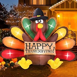 6FT Thanksgiving Inflatables Turkey Decor with Pilgrim Hat Colorful Tail