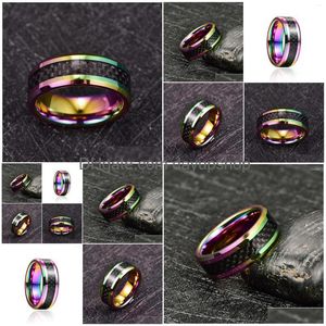 Rings 8Mm Colorf Inlaid Black Carbon Fiber Tungsten Ring High Polish Rainbow For Men Drop Delivery Jewelry Dh5Uv