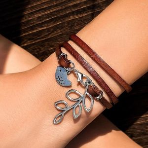 Charm Bracelets S3699 Women Hand-woven Leather Rope Bracelet Retro Hand Bird Multi-layer Winding Lead Tassel
