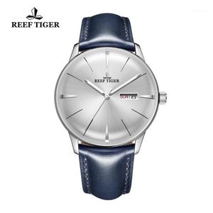 Zegarstki na rękę 2021 REEF TIGER RT Sukiety dla mężczyzn niebieskie skórzane opaski wypoczęć obiektyw White Dial Automatyczne RGA823812983