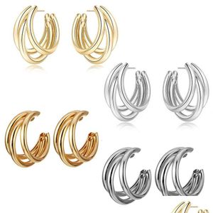 Hoop Huggie Hollow Triple Hoops C-Shaped Mtilayer Earrings Geometric Metal Texture Hoop Steel Posts Women Fashion 925 Sier Drop Deli Dhxuy