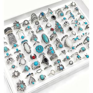 Band Rings 50 100Pcss Lot Vintage Boho Blue Stone Turquoise For Women Whole Mix Styles Ethnic Finger Ring Set Jewelry Party Gifts Drop Dhmsx