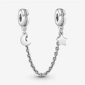 100% 925 Sterling Silver Half Moon and Star Safety Chain Charms Fit Original European Charm Armband Women Wedding Engagem285R