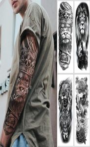 Große Armmanschette Tattoo Löwe Krone König Rose Wasserdicht Temporäre Tätowierung Aufkleber Wilder Wolf Tiger Männer Voller Schädel Totem Tatto T1907113515737