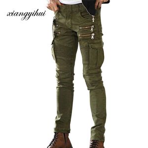 Exército verde preto dos homens denim biker carga jeans marca homens estiramento magro moto lápis calças pista angustiado motocicleta jeans206q