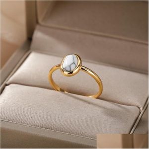 Cluster Rings Vintage Oval Opal For Women Stainless Steel Gold Stripe Retro Green Moonstone Accessories Jewelry Gift Bohemian Mujer Dr Dh2Jn