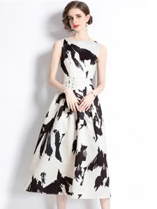 기본 캐주얼 드레스 새로운 패션 소매 소매 소매 소매가 높은 허리 여름 드레스 잉크 인쇄 A- 라인 긴 드레스 로브 여성 의류 2024
