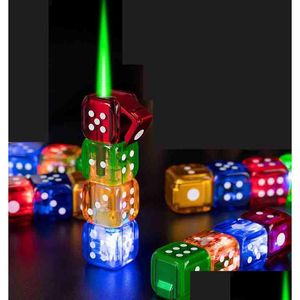 Lighters Latest Dice Shape Led Flashing Jet Lighter Inflatable No Gas Windproof Metal Cigar Butane Straight Smoking Tool Accessories D Dhcjd