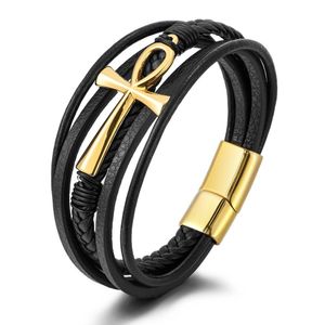 Kette geschichtet Edelstahl Kreuz geflochtenes Leder Link Armband für Männer Frauen schwarze Kordel Vintage Handgelenk Band Seil Manschette Bang Dhgarden Dhzkw