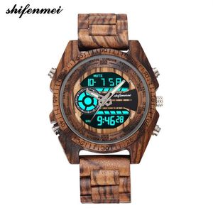 Shifenmei 2139 Antique Mens Zebra i Ebony Wood Watches z podwójnym wyświetlaczem Business Watch w drewnianym cyfrowym kwarcu zegarek Y190515255V