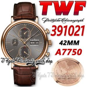 TWF 42mm Mens relógio TW391021 CAL 79320 A7750 Cronógrafo Automático Dial Grey Stick Markers 18K Rose Gold Case Strap Super 1957