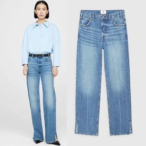 Women's denim Jean AB high waist trousers with split legs and blue straight trousers