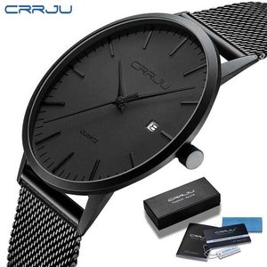 Crrju moda męskie zegarki Ultra cienki kwarc mężczyzn Casual Slim Mesh Steel Waterproof Sport Black Relogio Masculino 220113310p