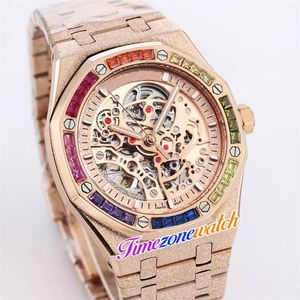 K8F 41mm Esqueleto Tourbillon Dial Automatic Mens Watch All Rose Gold Frost Gold Case Pulseira de Aço Fosco Rainbow Diamond Watche316Z