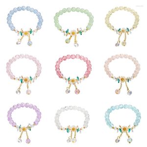 Link Bracelets Summer Spring Korean Daisy Flowers Bracelet Bohemian Colorful Crystal Beaded Handmade Elastic Rope Women Jewelry