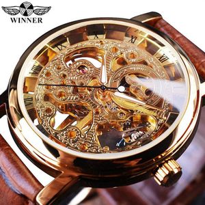 Vinnare Transparent Golden Case Luxury Casual Design Brown Leather Strap Mens Watches Top Brand Luxury Mechanical Skeleton Watch CJ212K