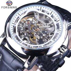 Orologio Forsining Movimento ad ingranaggi impermeabile Orologio da uomo in vera pelle trasparente Orologio meccanico automatico scheletrato Top Brand Lu337m