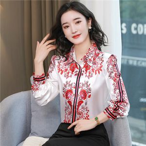 Luxo vintage floral branco camisa de seda cetim outono inverno mulheres designer blusas manga longa 2023 escritório senhoras lapela botão frente camisas formais pista bonito topos