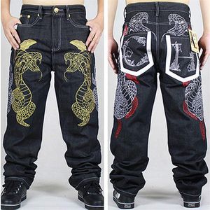 Whole-2015 New Fashion Uomo Jeans a gamba larga Ricamato in oro Python Pantaloni larghi Pattinaggio Hip-hop Street Rap Dance Pantaloni S257W