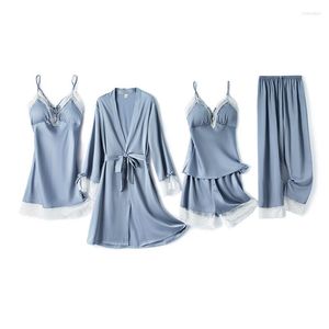 Women's Sleepwear Pajamas Satin With Trousers 5 Pieces Sets Women Outfits Sexy Lace Trim Loungewear Summer Pyjamas Kimono Robe Gown