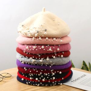 French Rhinestone Pearls Wool Berets for Female French Artist Wool Cap Winter Autumn Retro Hat Solid Color Top Quality Lady Caps