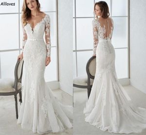 Plus Size Lace Mermaid Wedding Dress - V-Neck Long Sleeve Boho Bridal Gown with Illusion Button Back