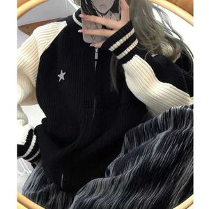 Kadın Sweaters Deeptown Kpop Vintage Star Sweater Hırka Kadın Kore Moda Patchwork Zip Jumper Harajuku Sokak Giyim Büyük Boy Örme Topl231004