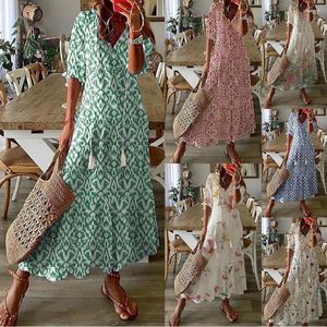 Casual Dresses Women Floral Printed Maxi Spring Summer V Neck Half Sleeve High midja A Line Boho Beach Party Long Dress Vestidos