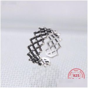 Cluster Rings Korea Style 925 Sterling Sier Simple Retro Vintage Black Big Mesh Open Ring Women Jewelry Drop Delivery Dhs8E