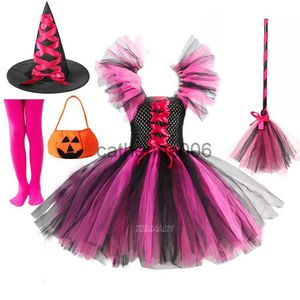 Specjalne okazje 2023 Przebranie kostium czarownicy dla dziewcząt Halloween Tutu Knee Sukienka z kapeluszem Broom Ratehose Kids Carnival Cosplay Party Zestaw X1004 X1005