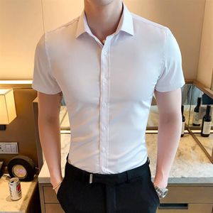 Homem vestido branco camisa masculina preto camisa social verão rosa manga curta casual botão acima fino ajuste chemise homme229u