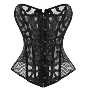 Sexy malha espartilhos e bustie rede elástica oco para fora flores design busk fechamento bustier espartilho corpo shapewear cincher corselet 812200z