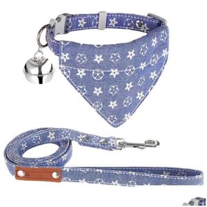 Dog Collars Leashes Leash Collar Set - 2 Pack Embroidery Pawprints Plaid And Bandana With Bell Adjustable For Dogs Cats Outdoor Dr Dhfq6