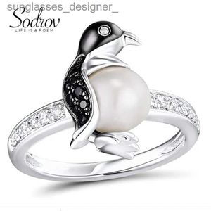 Solitaire Ring SODROV Animal Design Jewelry Black Penguin Pearls Rings for Women Whole Sale Free ShippingL231004