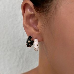 Hoop Earrings Black White Enamel Rhinestone Pave C Stainless Steel For Women Vintage Handmade Elegant Jewelry In