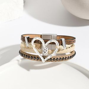 Charm Bracelets ALLYES Vintage Hollow Love Heart Braided Leather Bracelet For Women Boho Inlaid Rhinestone Multilayer Wrap Jewelry Gift