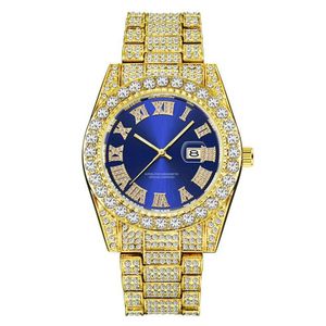 Wristwatches Luxury Gold Roman Bling Hip Hop Full Iced Out Watch Quartz Blue Diamond Watches Men Silver Diomand Reloj De Diamantes242l