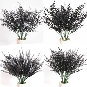 Flores decorativas 5 pçs halloween preto planta artificial eucalipto folha persa plástico falso festa jardim flor decoração