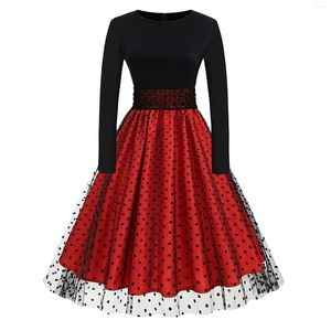 Casual Dresses Vintage Dot Mesh Overlay Pleated Dress Women Round Neck Ruched High Waist Short Sleeve Evening Elegant Party Midi