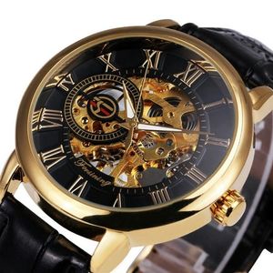 ForSining 3D -logotypdesign Hollow Gravering Black Gold Case Skeleton Mechanical Men Watches Heren Leather Strap Heren Horloge Y19052225W