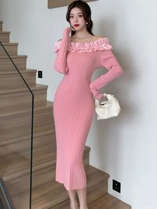 Basic Casual Dresses New Autumn Winter Sweet Ruffle Design Knitted DressWomen Beaded Sexy Off Shoulder Celebrity Style Slim Waist Sweater Dresses 2024