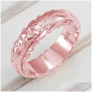 Rings Fashion Rose Gold Sier Color Ring Female Vintage Carving Flower For Women Jewelry Luxury Bridal Engagement Drop Delivery Dharc