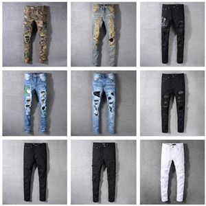 Calças de hip hop clássicas de jeans masculinos angustiados motociclista Jean Slim Fit Motorcycle Jeans250U