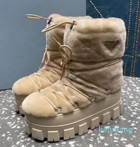 Botas de tornozelo Slip-On Chunky Bottom Bootie Round Toe Lace Up Ski Snow Boot Mulheres Sapatos ao ar livre Designer de luxo Calçado de fábrica de fundo plano