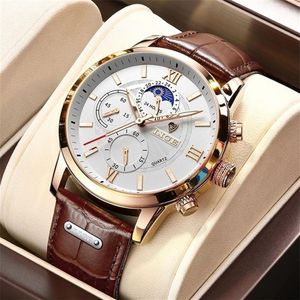 Lige Watches Mens Top Brand Luxury Clock Casual Leathe 24 Hour Moon Fase Men Watch Sport Waterproof Quartz Chronograph Box 220329290x