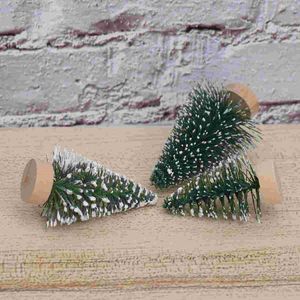 Christmas Decorations Tree Tiny Snow Covered Pine With Wooden Bases Ornaments For Xmas Holiday Home Party Tabletop