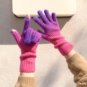 Gradient Creative Exposed Finger Touch Screen Knitted Mittens for Women Men Winter Outdoor Cycling Thicken Warm Gloves