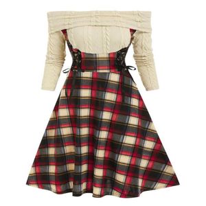 Casual Dresses Wipalo Women Dress Plus Size Off the Shoulder Soe Up Plaid 2 I 1 Vestidos Autumn Gothic Mixed Media Party297J