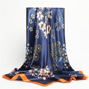 Halsdukar tryck blommor 2021 fyrkantig silke halsduk kvinnor mode 90 90 cm satin mjuk sommar kerchief bandana foulard pannband strand sjal 2158